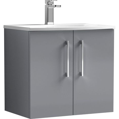 Balterley  Modern Bathroom Wall Hung 2 Soft Close Door Vanity Unit & Curved Basin, Satin Grey, 600mm