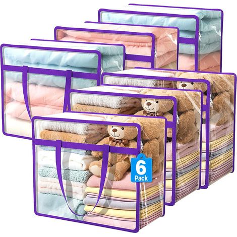 6 sacs de rangement transparents en plastique à fermeture éclair pour sous-lit, rectangulaires et imperméables pour vêtements et couvertures, 40 L (1/5)