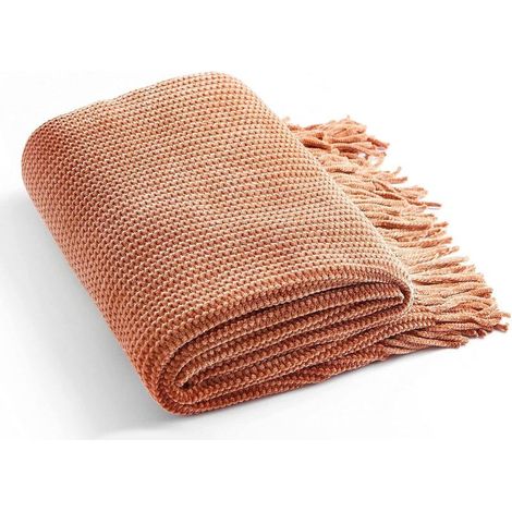 Couverture tricotée pour canapé, douce, style campagnard, bohème, avec pompons, légère, décorative, marron érable, pour lit/chaise/canapé, texture rayée, 180 cm de large x 130 cm de long (1/5)