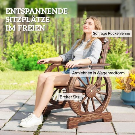 Chaise de jardin en bois, fauteuil design roues de chariot, style campagnard, bois carbonisé (1/5)