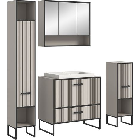 Bagno Badmöbelset 4 Teile inkl. Waschbecken hellgrau, cremefarben.