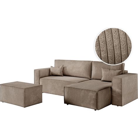 PACK - CLARISSE - Canapé d'angle convertible réversible avec pouf en velours côtelé - Taupe (1/5)