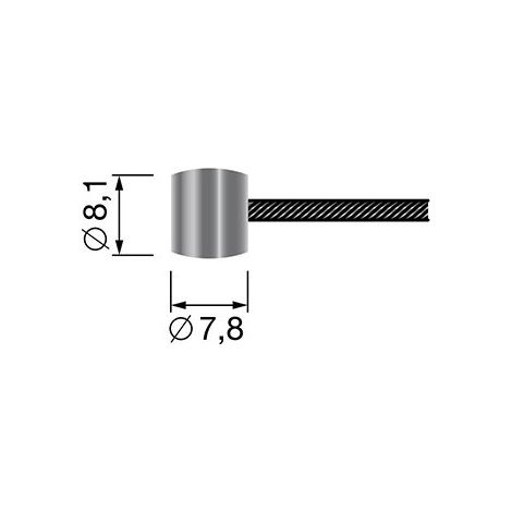 Cable flexible de 19 hilos con conector de tonel 7,8 x 8,1 mm. Longitud total: 2500 mm - diámetro exterior: 2,5 mm.