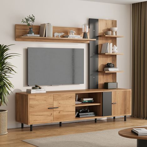 Parete TV 187.5x40x167 cm nero e legno in pannello truciolare con 3 armadietti e ripiani aperti (1/5)