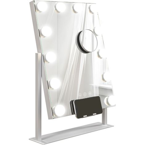 Specchio da bagno LED Hollywood con illuminazione regolabile (calda/neutra/fredda), ingrandimento 10×, rotazione a 360°, dimensioni 37 × 46 cm, alimentazione USB, design moderno bianco
