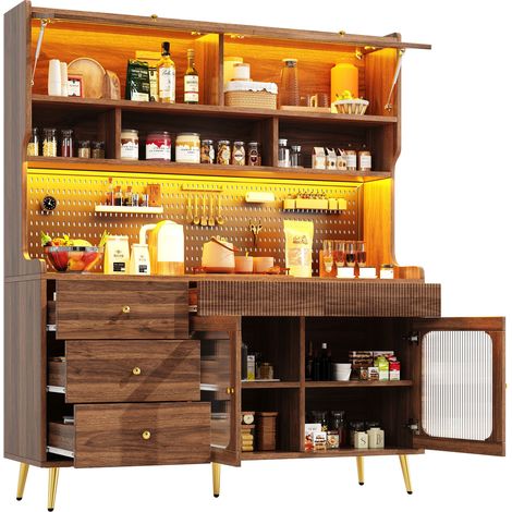 Aparador Alto con 1 Puerta Elevable y LED, en MDF y Vidrio Acanalado, para Cocina y Salón, 145x39x171 cm, Nogal (1/5)