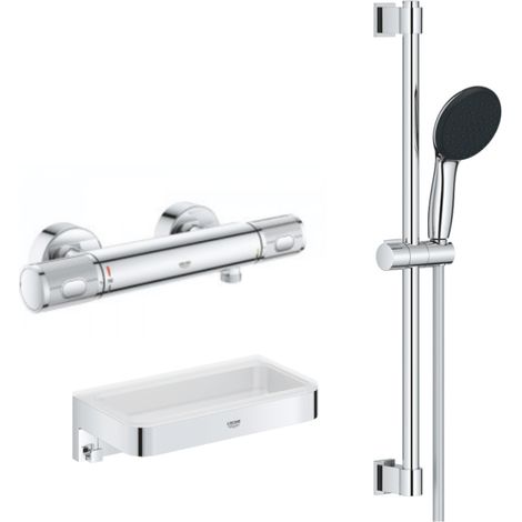 Mitigeur douche thermostatique GROHE Precision Feel + Ensemble de douche Start 2 jets avec barre + Panier douche