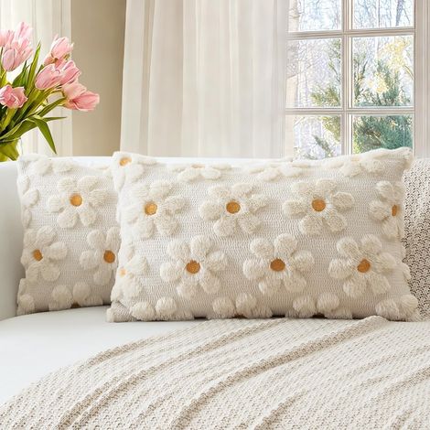 Lot de 2 Doux Peluche Laine Courte Velours Décoratif Housses de Coussin pour Printemps été Luxe Style pour Canapé Chambre - Fleurs Crème Beige, 30 x 50 cm (1/5)