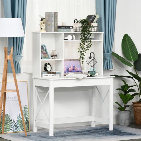 Bureau avec rangement bureau bibliothèque en bois moderne avec étagères et grand plateau pour petits espaces maison chambre à coucher, 105 x 50 x 137,5 cm, blanc