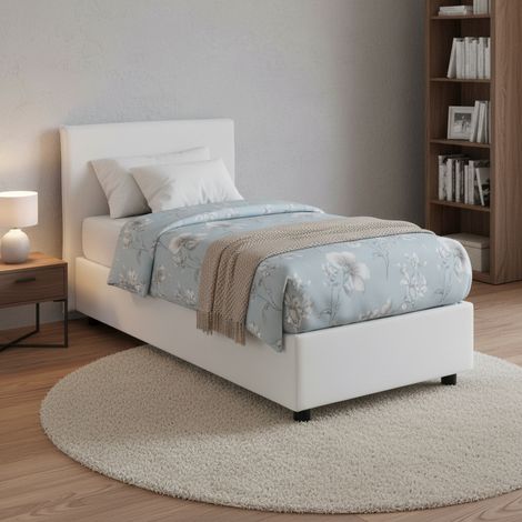 Dmora - Cama individual Dban, Cama contenedor con revestimiento de tela, 100% Made in Italy, Apertura frontal, con colchón Cm 90x190 incluido, Blanco (1/5)