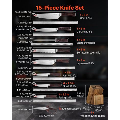 Set Couteaux Cuisine avec Bloc et Fusil à Aiguiser 15 Pièces, Bloc de Couteaux en Acier Inoxydable à Haute Teneur en Carbone, avec… (1/5)