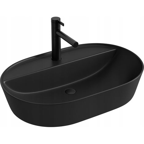 Ovales Waschbecken aus Keramik, schwarz, mit Loch, 60 cm (1/4)