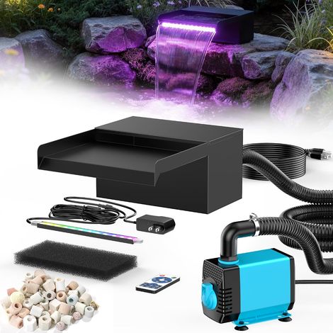 Cascade pour bassin de 20 cm de large, en acier inoxydable, avec pompe de bassin de 2500 l/h, guirlande lumineuse LED à changement de couleur, jeu d'eau d'extérieur pour étang de jardin (1/5)