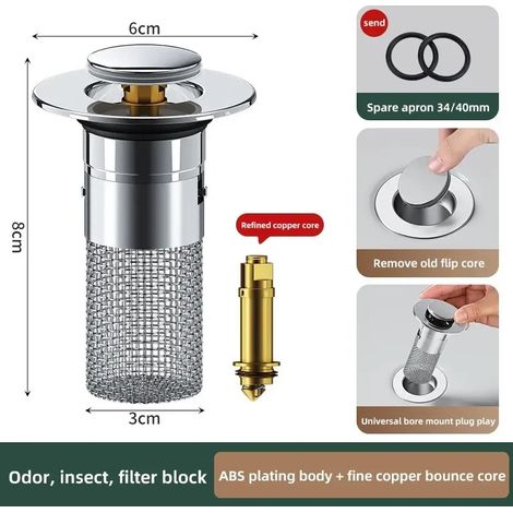 (Copper bounce core)1PCS Washbasin Leak Plug, Stainless Steel Odor Proof Bouncing Core, Press Type Sink Drain, Universal Accessory for Washbasin (1/4)