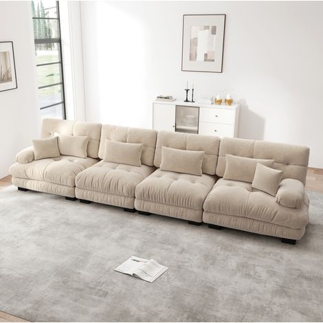 Sofá rinconero modular de 4 plazas en chenilla, asiento profundo, marrón claro DESVIAE (1/5)
