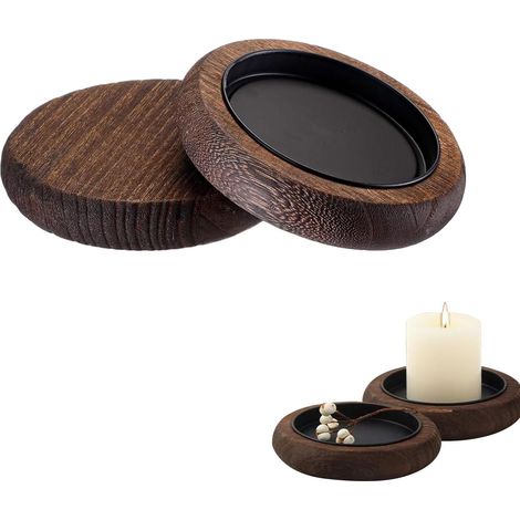 Lot de 2 bougeoirs en bois massif (plateau rond de 11 cm) – Kit de décoration marron foncé avec gouttière de cire intégrée pour bougies chauffe-plat et bougies piliers (1/5)