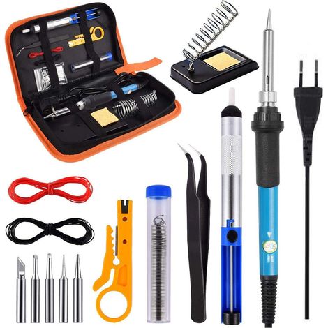 [NEUWERTIG]  Lötkolben-Set, SREMTCH 60 W Präzisions-Elektrolötkolben-Set mit Ein-/Ausschalter, einstellbare Temperatur 200–450 °C, Schwammhalter, 5 Lötspitzen, Entlötpumpe, Lötdraht-INHHUB