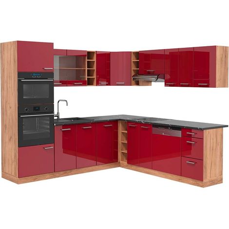 Eckküche R-Line, Rot Hochglanz/Goldkraft Eiche, 247 x 237 cm, AP Anthrazit, Vicco