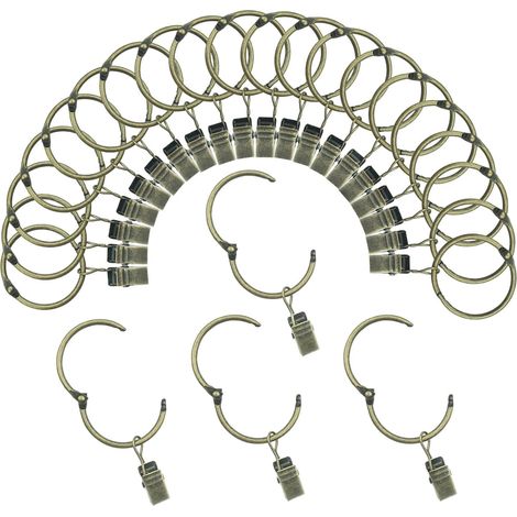 Anneaux de rideau ouvrables avec clips 3,17 cm de diamètre intérieur - Lot de 24 crochets en métal antirouille - Décoratifs - Aspect vintage bronze (1/5)