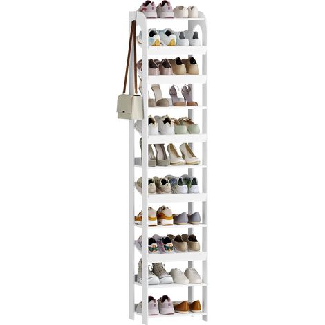 Étagère à Chaussures Verticale, 11 Étages d'étagères à Chaussures Étroites, Organisateur de Chaussures en Bois pour Armoire, Entrée, Réglable, avec Crochets, Blanc (1/5)