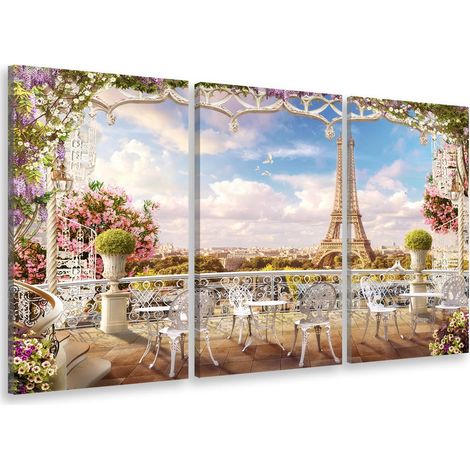 Tableau triptyque paysage illustré tour eiffel et terrasse de café - 90x60 cm Toile imprimée (1/5)