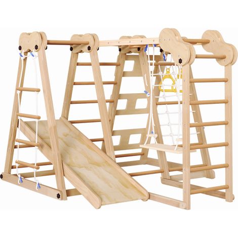 Structure de jeu en bois 7‑en‑1 pliable, toboggan, balançoire, corde et échelles – Gain de place pour usage intérieur (1/5)