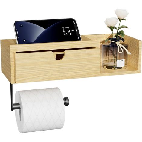 Porte-papier toilette bois inox avec tiroir adhésif