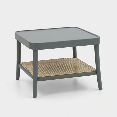 Tavolino basso quadrato in legno laccato con ripiano in paglia di Vienna Thomas - Grigio