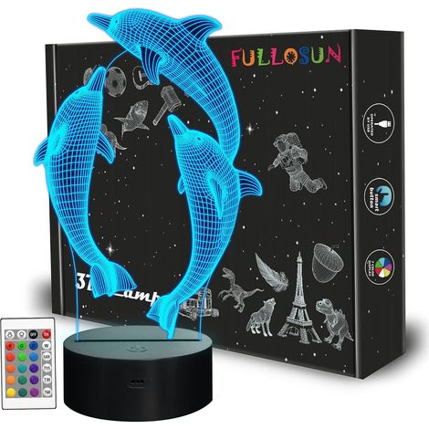 Veilleuse pour enfants océan dauphin 3D veilleuse marsouin lampe de chevet avec télécommande 16 changement de couleur Noël Halloween cadeau d'anniversaire pour enfant bébé fille (1/5)