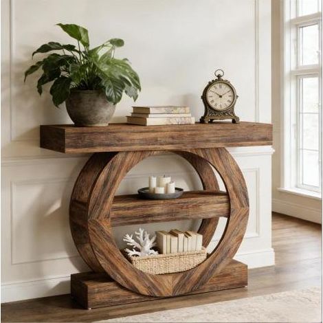 Mesa consola 105x30x85 cm marrón rústico en madera con 3 estantes abiertos (1/5)