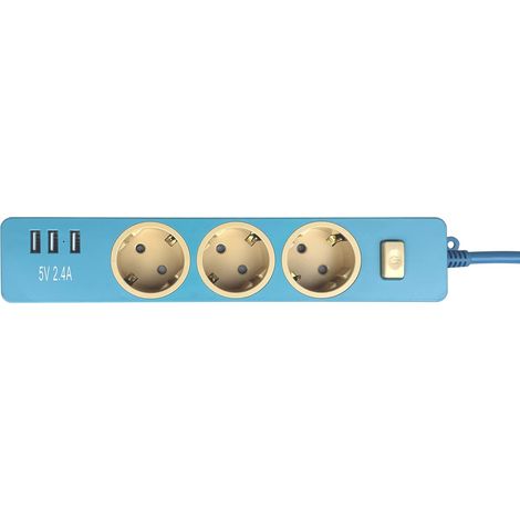 Multiprise 3 prises et interrupteur - 1,5 m (4000 W/16 A) - Triple prise avec protection contre les surintensités et 3 ports USB (1/4)