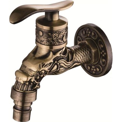Robinet lave main, machine à laver petit robinet support mural sculpté en alliage de zinc en laiton antique Bibcock décoratif extérieur robinet de ja (1/4)