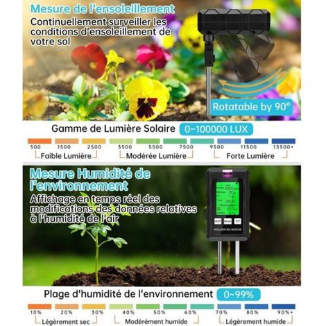 Testeur d'humidité du Sol, Appareil de Mesure du Sol 6 en 1, Détection de Température, du PH, l'humidité Ambiante, (1/5)