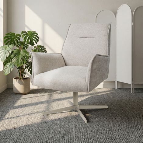 HIPIHOM Drehsessel mit dickem Kissen, 360°-Drehstühle für Wohnzimmer, Sessel mit hoher Rückenlehne, X-förmige Metallbasis, Schlafzimmerstuhl für Wohnzimmer, Schlafzimmer, Büro, Cremeweiß