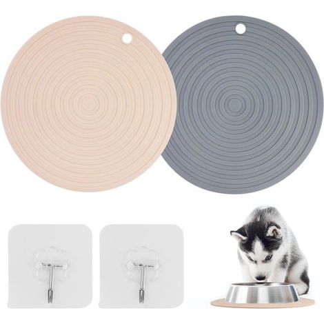Lot De 2 Tapis De Gamelle Ronds Pour Chat-24Cm-En Silicone-Antidérapants-Avec 2 Crochets Transparents[CA67] (1/5)