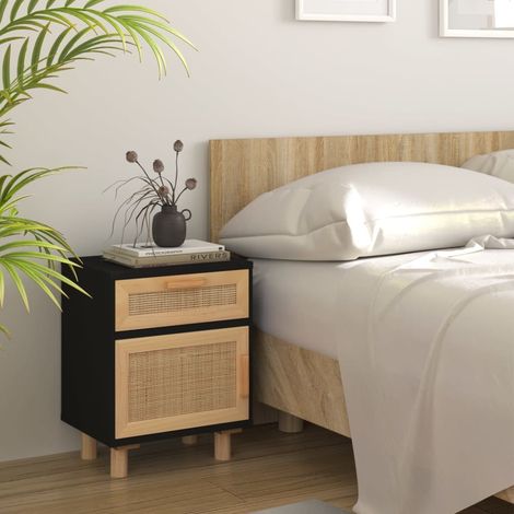Table de chevet Table d'Appoint Table de nuit Noir Bois de pin massif et rotin naturel VGT63061 (1/5)