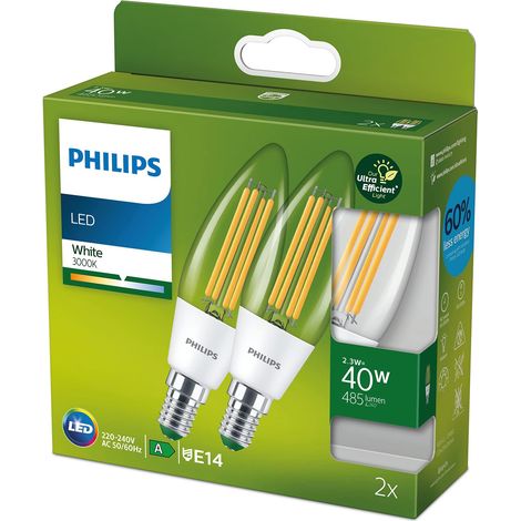 Philips LED Lampadina Classe A Ultra Efficiente a Risparmio Energetico, 40W, 2 Pezzi, Luce Naturale, Attacco E14 (1/4)