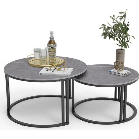 Unho – Table basse gigogne ronde 70x70cm et 57x57cm – Plateau en pierre frittée – Cadre en métal noir – Ensemble de 2 tables (1/5)