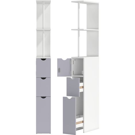 GagaEtagère gain de place WC ou salle de bain 15L x 33l x 136H cm 3 niveaux 2 tiroirs et placard MDF métal blanc gris (1/5)