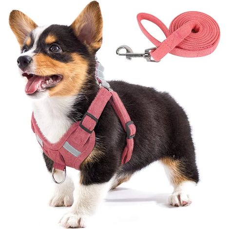 Hundegeschirr aus weichem Wildlederimitat, verstellbarer Schrittbereich mit reflektierenden Details und Zugstopp für Welpen und kleine bis mittelgroße Hunde