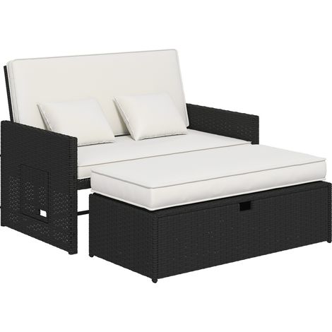 Outsunny Garden Rattan Furniture Set 2 Seater Patio Sun Lounger Daybed Cream