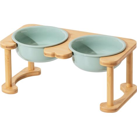 Mangeoire surélevée en bambou pour chien moyen et grand format, support 2 bols céramiques vert clair amovibles anti-glissement, table repas animal protection du cou, gamelle double croquette eau lavab (1/4)