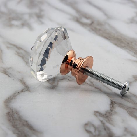 20 poignées de porte de meuble pour tiroirs – Verre cristal transparent en forme de diamant + base en or rose – 30 mm – avec 3 vis