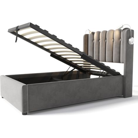 Lit Coffre 1 Place avec USB, Lampe de Lecture et Rangement 90 x 200 cm, sans Matelas, Velours Gris (1/5)