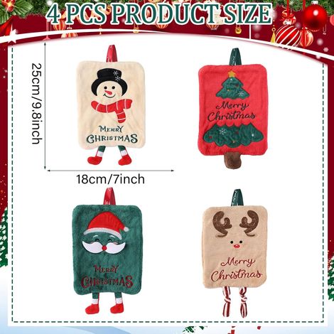 Lot de 4 torchons de Noël doux, torchons à vaisselle Père Noël avec anneaux de suspension, torchons en polaire corail Bonhomme de neige, torchons décoratifs de Noël pour la cuisine et la salle de bain (1/5)