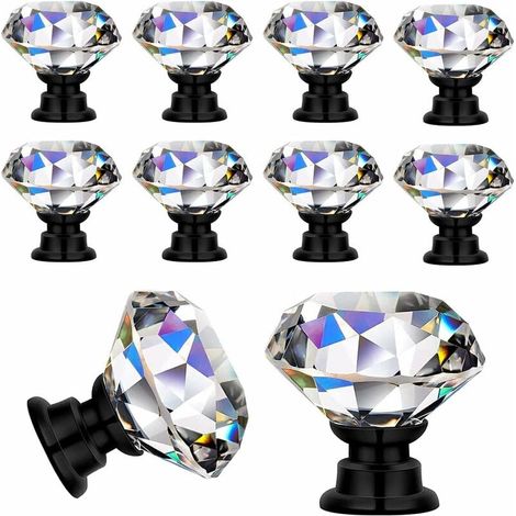 10 Pièces Poignées Boutons de porte Transparent Diamant Cristal Verre Portes Meuble Tiroir Placard Décoration Avec Vis,30mm (10PCs, Noir)-- (1/5)