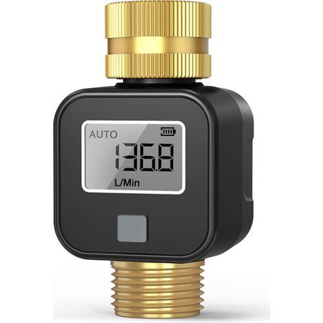 Medidor de flujo de agua con pantalla LCD para mangueras de jardín y caravanas. (1/4)