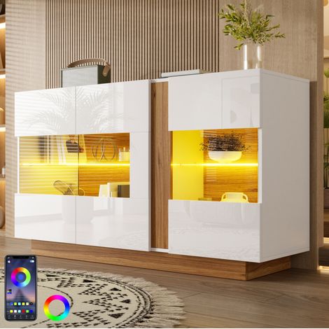 Credenza vetrina LED a 3 ante in acrilico 120 x 38 x 80 cm bianco e naturale OKWISH (1/5)