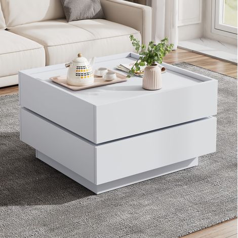 Tavolino 60x60x38 cm bianco – piano girevole 360°, 2 cassetti, truciolato MEUBLIV (1/5)