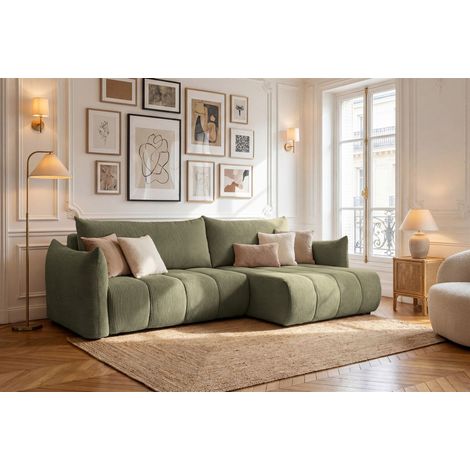 Ecksofa Schlafsofa ONTARIO in Stoff Poso Olivgrün Ottomane Rechts